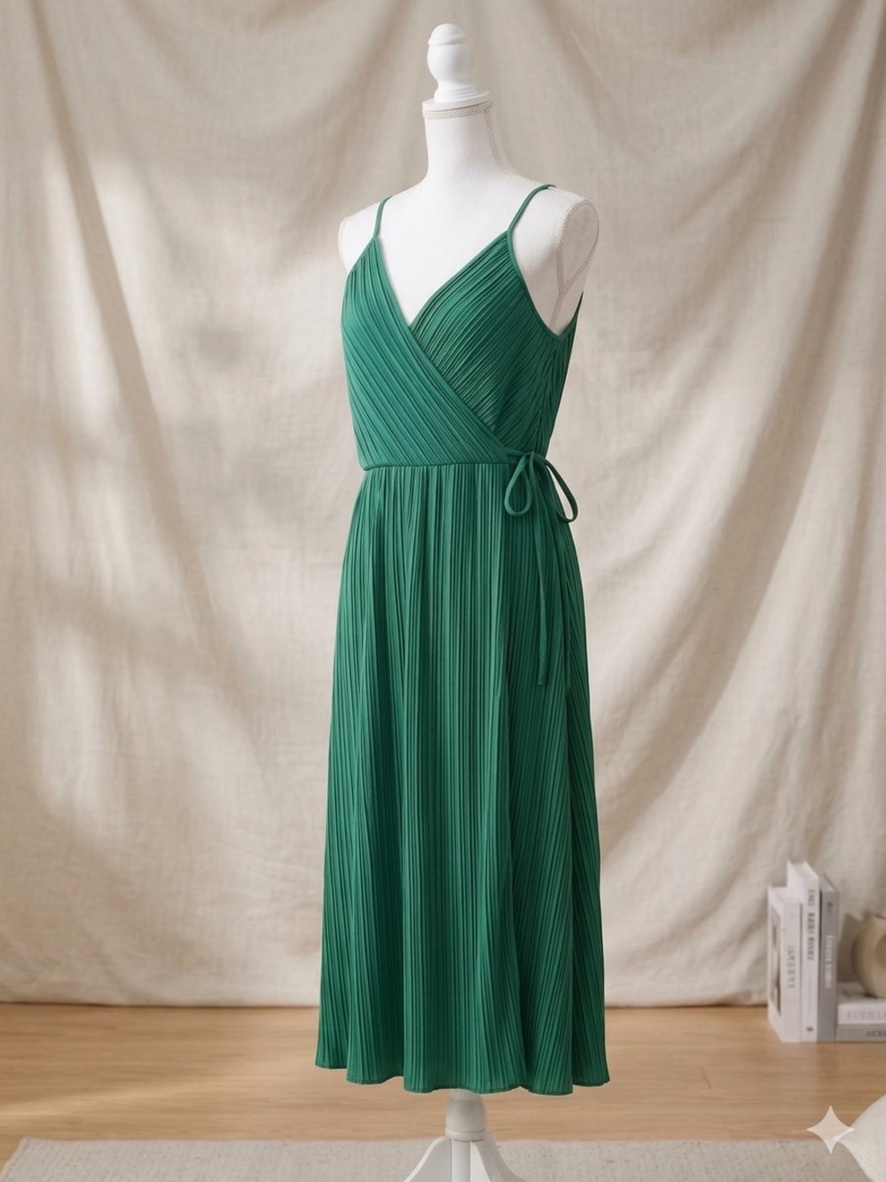 H&M Emerald Green Pleated Wrap Midi Dress